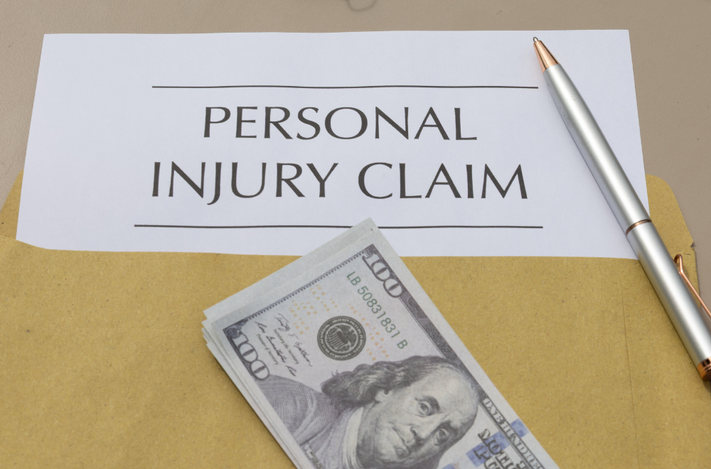 personal injury claim written on a paper, with dollar bills and a pen